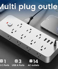 4Ft Power Strip With 14 Ac Outlets And Dual Fast Charge Usb Ports, Flat Plug Extension Cord With Reinforced Braided Cable, Works Like A Charm, Zero Hassle Layout For Modern Households, showing multiple outlets and USB ports.