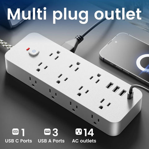 4Ft Power Strip With 14 Ac Outlets And Dual Fast Charge Usb Ports, Flat Plug Extension Cord With Reinforced Braided Cable, Works Like A Charm, Zero Hassle Layout For Modern Households, showing multiple outlets and USB ports.