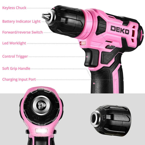 Pink 8V Cordless Drill Kit With Three Eighths Inch Keyless Chuck And Forty Two Accessories Built In LED And Type C Charging Cable