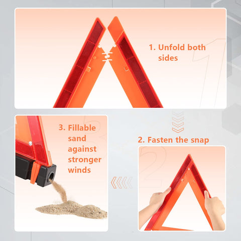 Assembly steps for DOT Approved Vehicle Safety Triangles Three Pack With Carry Case Emergency Reflective Warning Signs For Roadside Breakdowns.