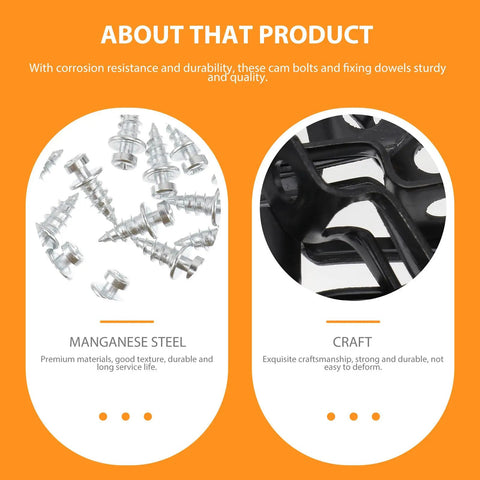 Heavy Duty Black Furniture Connectors And Hidden Screws For Dressers Bookshelves 50 Set Anti Rust Hardware showing silver cam bolts and black dowels.