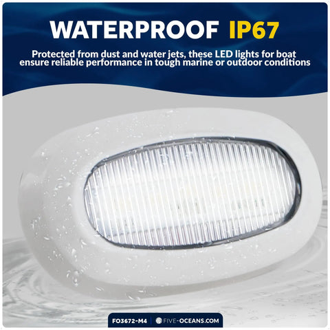Close-up of 4 Pack Oblong LED Courtesy Lights for Boats and RVs No Brainer Cool White 12V IP67 Waterproof Marine Grade Durable Bezel