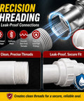 All In One Pipe Threading Kit For PVC 1/2 Inch 3/4 Inch And 1 Inch Pipes Built Tough Alloy Steel Dies Electric Drill Compatible DIY Plumbing Projects Today shown threading PVC pipe with clean, precise threads for secure fit.