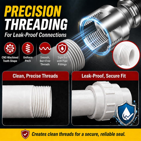 All In One Pipe Threading Kit For PVC 1/2 Inch 3/4 Inch And 1 Inch Pipes Built Tough Alloy Steel Dies Electric Drill Compatible DIY Plumbing Projects Today shown threading PVC pipe with clean, precise threads for secure fit.