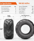 145/70-6 Tubeless Street Tires For ATV Go Kart Mini Bike - Off Road Ready, 4PR, showing size specs and tread pattern