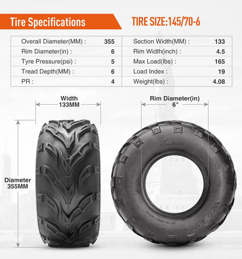 145/70-6 Tubeless Street Tires For ATV Go Kart Mini Bike - Off Road Ready, 4PR, showing size specs and tread pattern