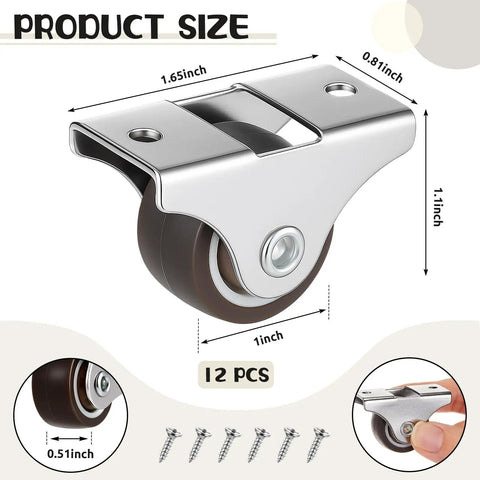 Heavy Duty Rigid Caster Wheels And Mounting Screws, 12 Pack Brown One Inch Furniture Casters with size details.