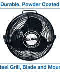 Front view of 12 Inch Powder Coated Steel Wall Mount Fan Black, 1360 CFM Industrial Cooling Fan with 9ft Power Cord, Pull Cord Switch, ETL OSHA Compliant