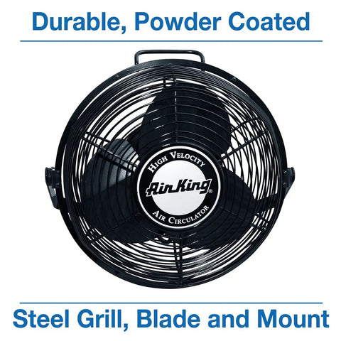 Front view of 12 Inch Powder Coated Steel Wall Mount Fan Black, 1360 CFM Industrial Cooling Fan with 9ft Power Cord, Pull Cord Switch, ETL OSHA Compliant