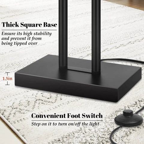 Base of Modern Black Floor Lamp With Dual Poles And Fabric Shade Tall Reading Lamp With Foot Switch For Living Room Bedroom Office And Nursery Contemporary Farmhouse Style