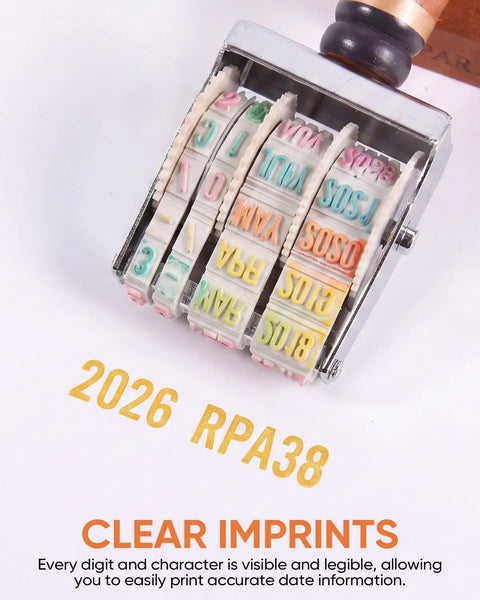 Super Handy Self Inking Roller Date Stamp Prints Day Month Year 2026 To 2037 With Zero Mess No Pads Needed close-up of date roller
