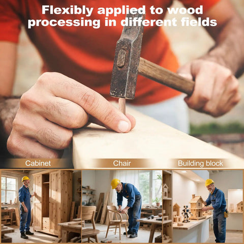 80 Pcs Wooden Dowel Pins Kit Half Inch By Two Inch Fluted Hardwood Dowels For Furniture Making And DIY Woodworking Projects, Durable Dense Pins For Strong Joints, Ideal For Crafts, Carpentry, And Repair Work. Woodworker hammering a hardwood dowel into a board