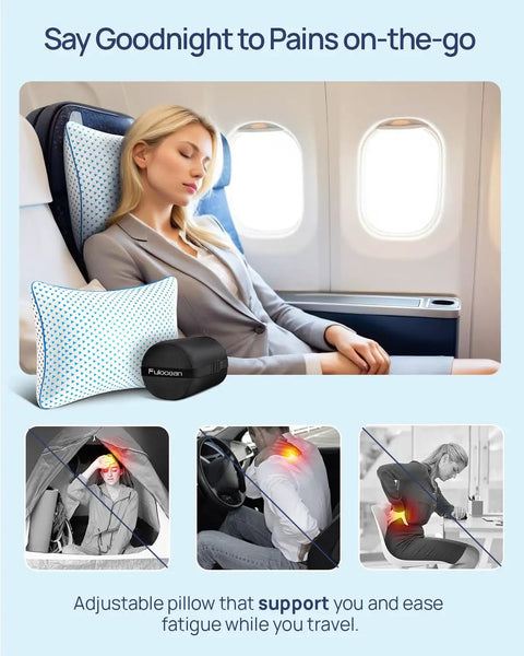 Woman using Ultra Compact Cooling Memory Foam Travel Pillow For Airplanes And Cars Adjustable Medium Firm Support, sleeping on plane