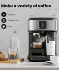 Pro Grade 20 Bar Compact Espresso Maker Featuring Automatic Milk Frother And Stainless Steel Frame Yields Top Tier Cappuccino Latte With Bold Kick For Quick Daily Grinds on counter with coffee and snacks.