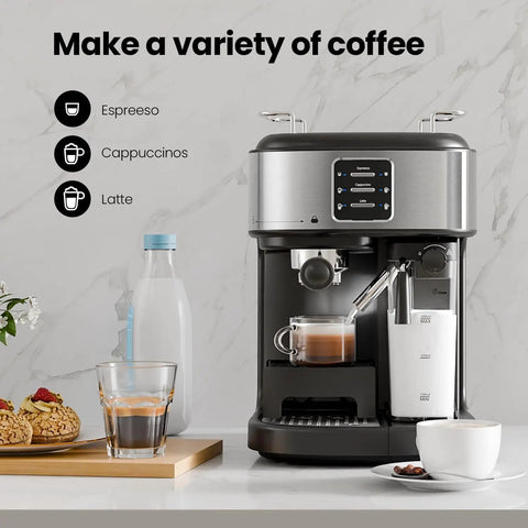 Pro Grade 20 Bar Compact Espresso Maker Featuring Automatic Milk Frother And Stainless Steel Frame Yields Top Tier Cappuccino Latte With Bold Kick For Quick Daily Grinds on counter with coffee and snacks.