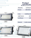 JUDYSSY Security Lights Outdoor Reflector Led Floodlight Outdoor Flood Light S, dimensions of 30W, 50W, 100W models with acrylic housing.
