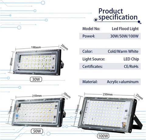 JUDYSSY Security Lights Outdoor Reflector Led Floodlight Outdoor Flood Light S, dimensions of 30W, 50W, 100W models with acrylic housing.