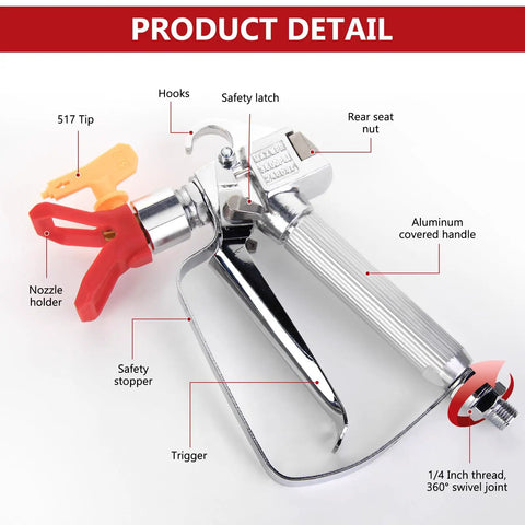 Airless Paint Spray Gun High Pressure 3600 PSI With Reversible 517 Tip Swivel Joint Pro Grade One Quarter Inch Inlet Four Finger Trigger