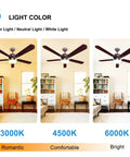 52 Inch Farmhouse Ceiling Fan With Light And Remote For Indoor Outdoor Spaces Bronze Finish 3CCT LED 6 Speed Reversible DC Motor Quiet 5 Blade Design Ideal For Patio Porch Bedroom Living Room showcasing light color options in warm, neutral, and bright tones.
