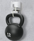 Heavy Duty Tough As Nails Adhesive Wall Hooks 15 Lb Capacity Waterproof Stainless Steel Hanger holding 15 lb kettlebell