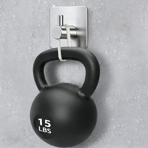Heavy Duty Tough As Nails Adhesive Wall Hooks 15 Lb Capacity Waterproof Stainless Steel Hanger holding 15 lb kettlebell