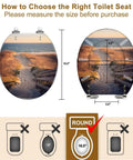 Fresh Coastal Thatched Roof Umbrella Decorative Resin Toilet Seat With Smooth Drop Action, size guide and dimensions displayed