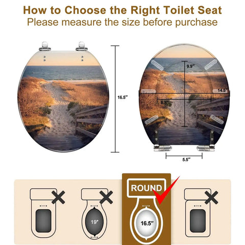 Fresh Coastal Thatched Roof Umbrella Decorative Resin Toilet Seat With Smooth Drop Action, size guide and dimensions displayed