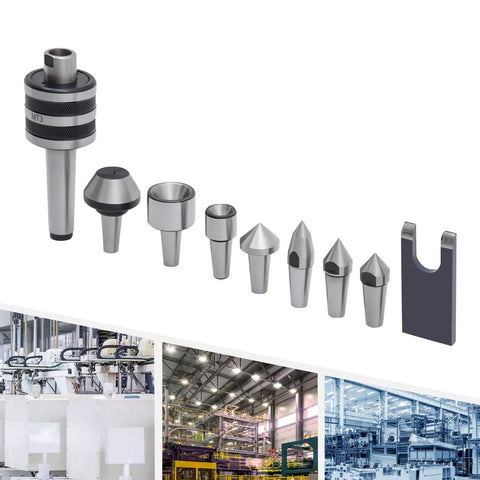 MT3 Morse Taper Live Center Set for high-speed CNC and manual lathes, medium duty, 40CR steel, with oiling hole, 7-piece set displayed.