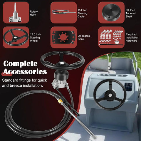 Rotary Marine Steering System Kit with 15 Feet Steering Cable and 13.5 Inch Wheel for Old School Mechanical Manual Steering