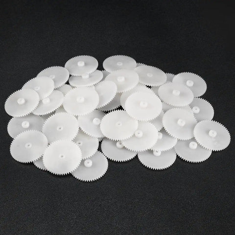 Set Of 50 Plastic Gears With 56 Teeth Model 562A Reduction Worm Gear For RC Cars And Robot Motors, displayed on black background.