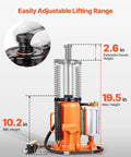 VEVOR air hydraulic bottle jack, 20-ton capacity, orange steel body, lifting range 10.4-19.7 in.