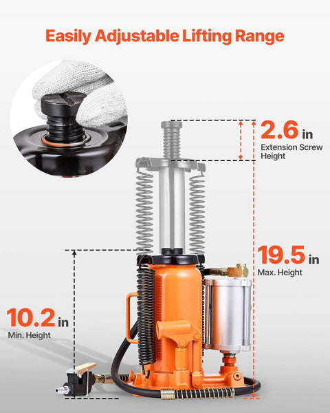 VEVOR air hydraulic bottle jack, 20-ton capacity, orange steel body, lifting range 10.4-19.7 in.