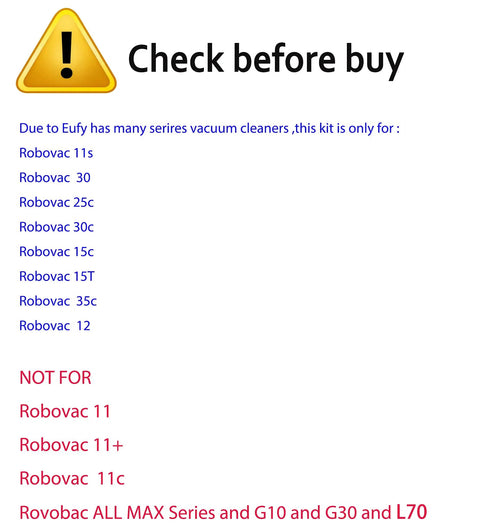 Warning sign with text highlighting models compatible and not compatible with 24 Pack Replacement Parts Kit For Eufy RoboVac.