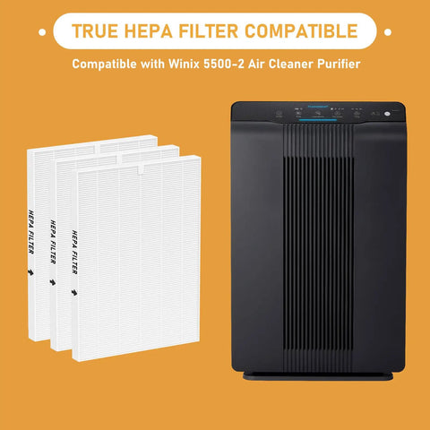 True HEPA Replacement Filter H 116130 for 5500-2 Air Purifier AM80 3 Pack displayed next to compatible air purifier