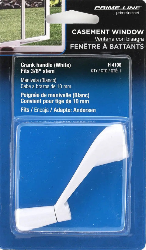 Packaging of Casement Window Crank Handle Three Eighths Inch Bore Three And One Eighth Inch Reach White Diecast Construction