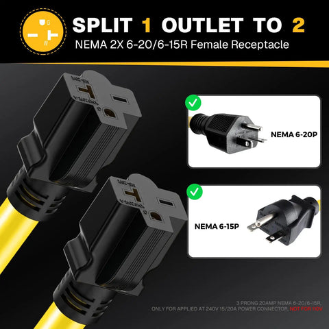 Heavy Gauge Three Foot Y Splitter Converts One NEMA 6-20 Male Plug Into Two Ready To Go Female Outlets So You Can Charge Your EV And Run Workshop Gear Double Quick Without Cord Switching Headaches. NEMA 2X connectors.