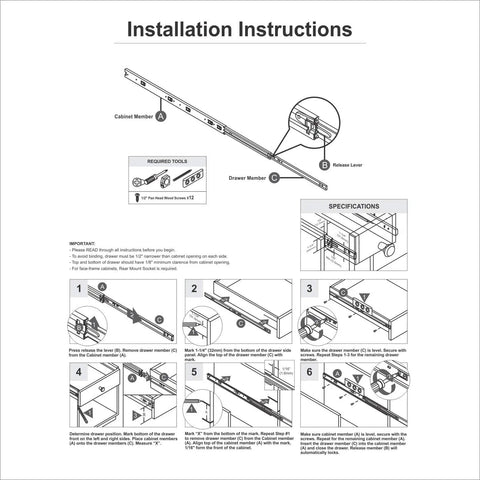 Installation instructions for 45mm Full Extension Ball Bearing Drawer Slides Side Mount 32 Inch 800mm 1 Pair.