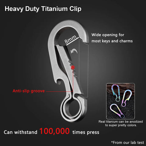 Heavy duty titanium carabiner keychain with quick release clip, featuring anti-slip groove and wide opening, grey finish.