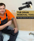 Plumber showcasing Tub Drain Removal Extractor Tool For Three Eighths Inch Ratchet, Black and Gold Finish