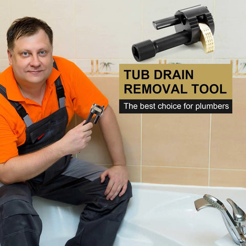 Plumber showcasing Tub Drain Removal Extractor Tool For Three Eighths Inch Ratchet, Black and Gold Finish