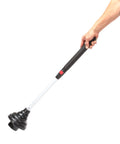 No Nonsense Heavy Duty Industrial Toilet Plunger Featuring Wide Rubber Suction Cup And Tough Aluminum Grip For Powerfully Clearing Bathroom Drains Black, held by a hand.