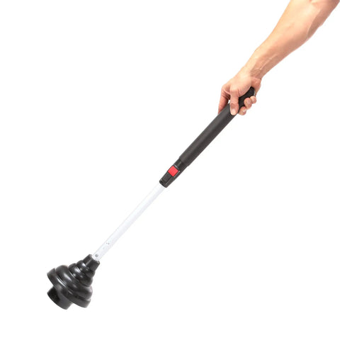 No Nonsense Heavy Duty Industrial Toilet Plunger Featuring Wide Rubber Suction Cup And Tough Aluminum Grip For Powerfully Clearing Bathroom Drains Black, held by a hand.