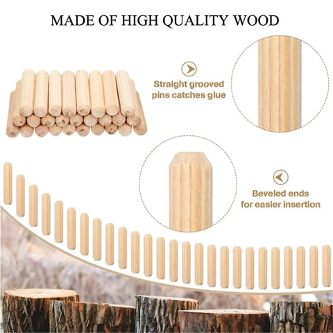 1000Pcs Woodworking Dowels Kit With Round Grooved Fluted Wood Dowel Pins 6x30mm showing grooved design and beveled ends