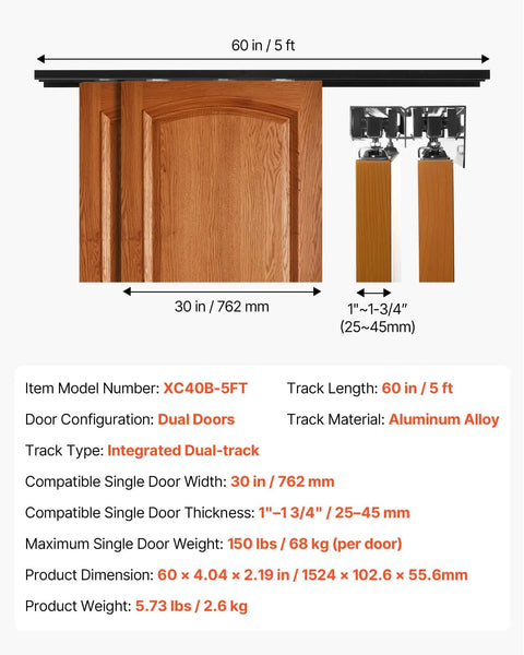 Dual Track Bypass Sliding Door Hardware Kit For Closet Doors, 5 Ft Aluminum Alloy System, shown with wooden doors setup
