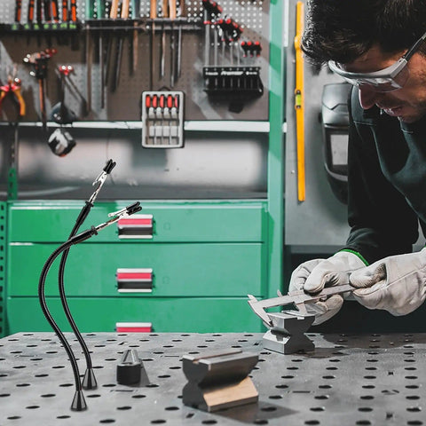 2 Pack Magnetic Soldering Helping Hands Third Hand Tools with Gooseneck Metal Arms on a workshop table during hobby welding crafts