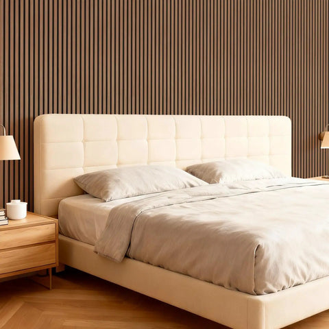 Game Changer Walnut Wood Slat Wall Panels Four Pack Acoustic Sound Dampening Board Set For Zero Drama Noise Cancelling Home Office And Living Room Decor Premium Fiber Core Build With Sleek Finish on a modern bedroom wall.