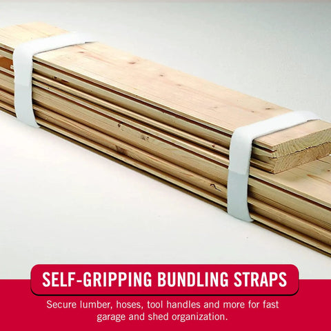 White 1 Inch Wide Reusable Self Gripping Straps Roll Cut To Length For Bundling Poles Wood Pipes Lumber Hoses And Tools Heavy Duty Cable Management For Easy DIY Garage Organization 30 Foot Bulk Roll securing wooden planks