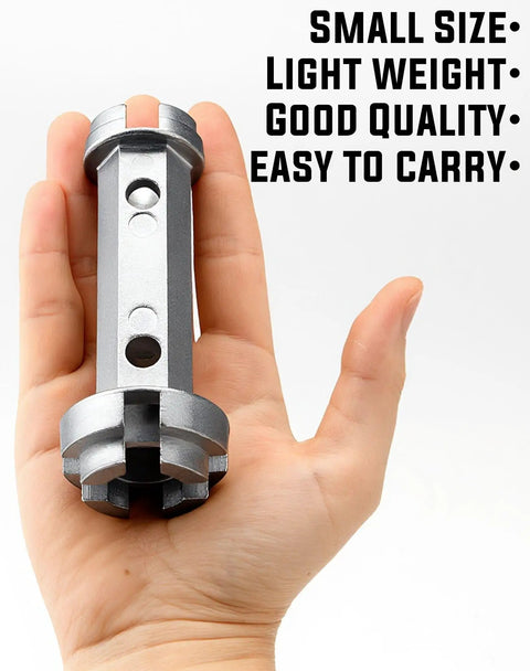 Hand holding Workhorse Tub Drain Remover And Basin Wrench Dual Ended Ratchet, showing lightweight aluminum design
