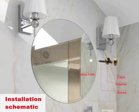 8 Piece Pure Brass Decorative Screws With Matching Caps And Washers installation schematic showing mirror fasteners and washers on a wall.