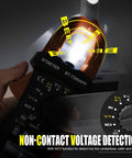 Smart TRMS 6000 Counts Clamp Meter With App Hookup detecting voltage with NCV, showing beep warnings and rotary dial settings.